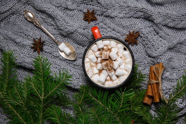 Cappuccino Mit Marshmallows Becher Zwischen Fichtenzweigen Auf Gestricktem Hintergrund — Stockfoto