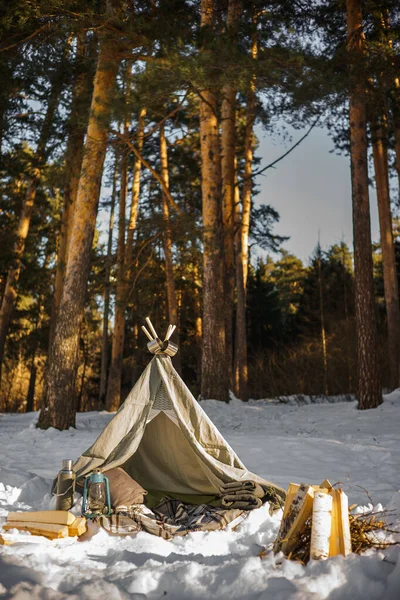 Wigwam Cerca Del Bosque Coníferas Soleado Día Invierno Concepto Camping — Foto de Stock