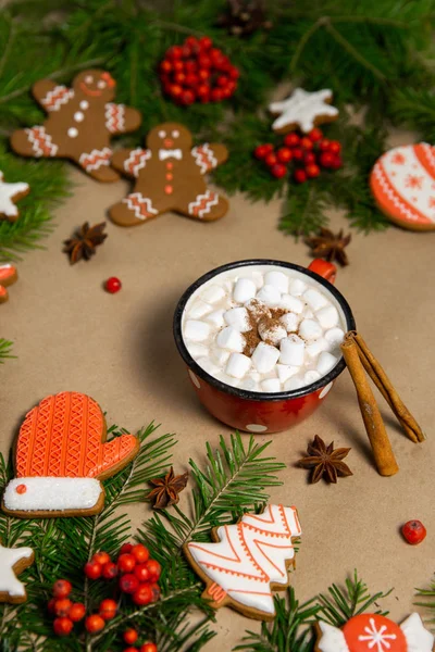 Cappuccino Marshmallows Cup Christmas Gingerbread Cookies Spruce Branches — Stock Photo, Image