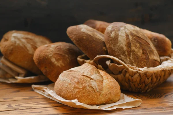 Loaves Fresh Bread Wooden Tabletop — Stock Photo, Image