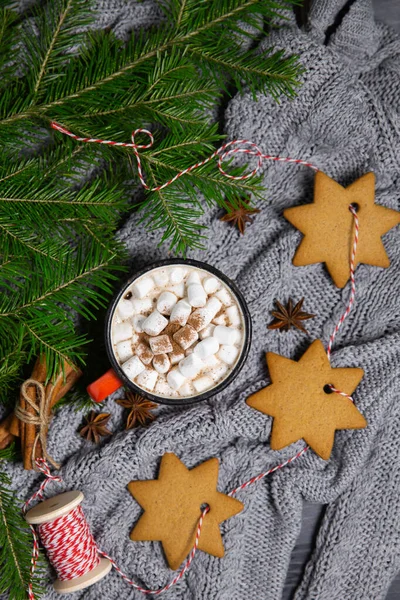 Cappuccino Mit Marshmallows Tasse Mit Weihnachtlichen Lebkuchen Zwischen Fichtenzweigen Auf — Stockfoto