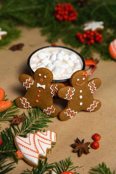 Cacao Drank Mok Met Marshmallow Winterachtergrond Met Peperkoek Koekjes — Stockfoto