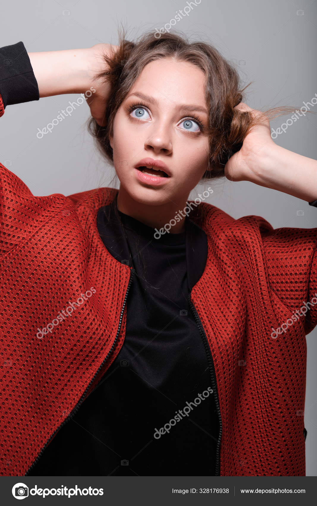 Pretty Teen Girl Posing Studio Gathering Fluffy Hair Hands Short