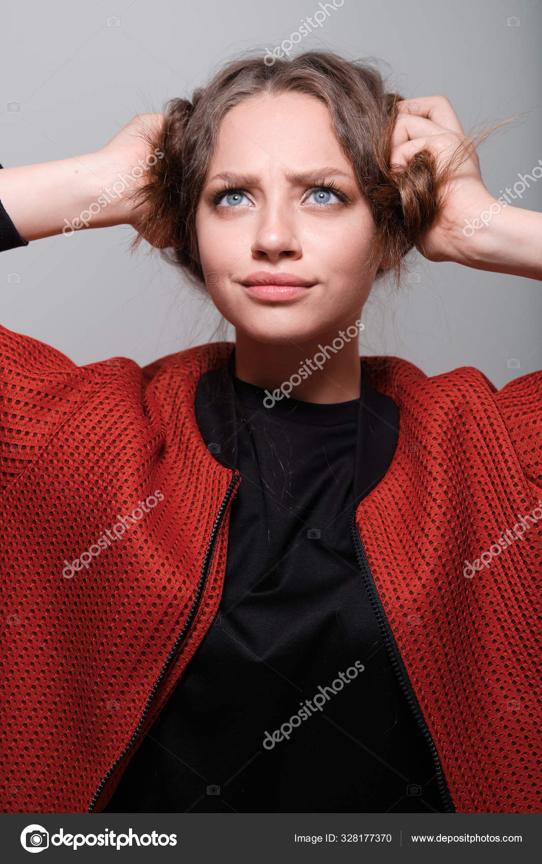 Pretty Teen Girl Posing Studio Gathering Fluffy Hair Hands Short