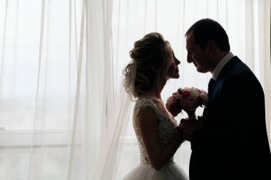 Odada poz veren yeni evlilerin yakın plan portresi.