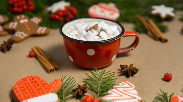 Kakaogetränk Becher Mit Eibisch Auf Winterlichem Hintergrund — Stockfoto