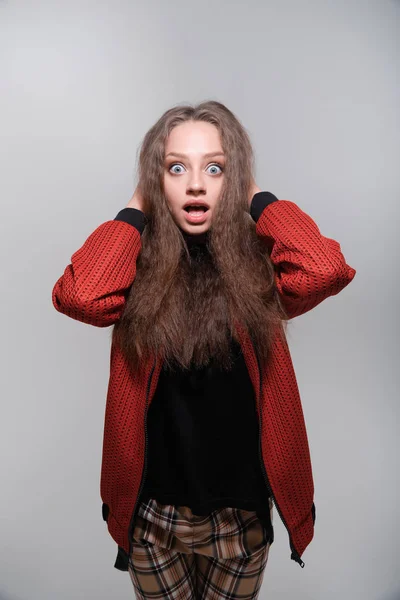 Teenager Girl Making Faces Having Fun Posing Studio — Stock Photo, Image