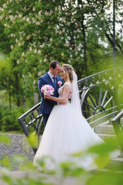 Parkta poz veren güzel gelin ve damat