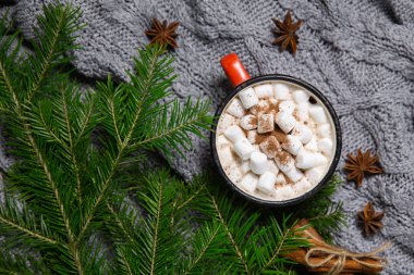 Kışın arkaplanda marşmelov ve anason ve tarçınlı kakao içeceği.