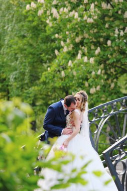 Güzel yeni evliler bahar parkında poz veriyorlar.