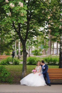 Güzel yeni evliler bahar parkında poz veriyorlar.