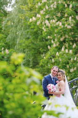 Parkta poz veren güzel gelin ve damat