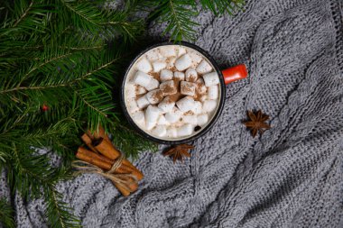 Kışın arkaplanda marşmelov ve anason ve tarçınlı kakao içeceği.