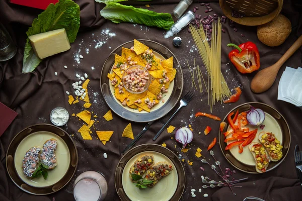 Taco Messicano Con Varietà Antipasti Tavola — Foto Stock