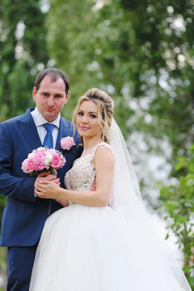 Pretty Newlyweds Posing Spring Park — Stock Photo, Image