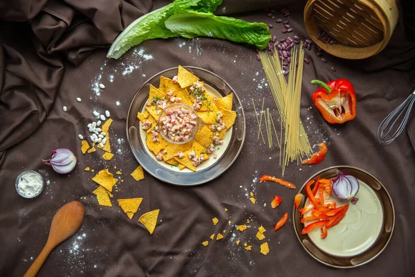 Mexikanische Tacos Mit Verschiedenen Vorspeisen Vom Tisch — Stockfoto