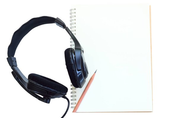 Earphone  and notebook.