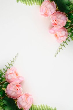 Pembe şakayıkların üst dikey görüntüsü suni çiçekler ve beyaz boş arkaplanda yeşil eğrelti otu yaprakları