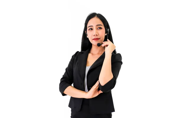 Asia Call Center Workers Confident Business Headset Customer Support Standing — стоковое фото