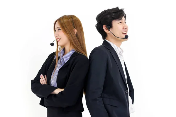 Pareja Asia Call Center Workers Confident Business Headset Atención Cliente — Foto de Stock