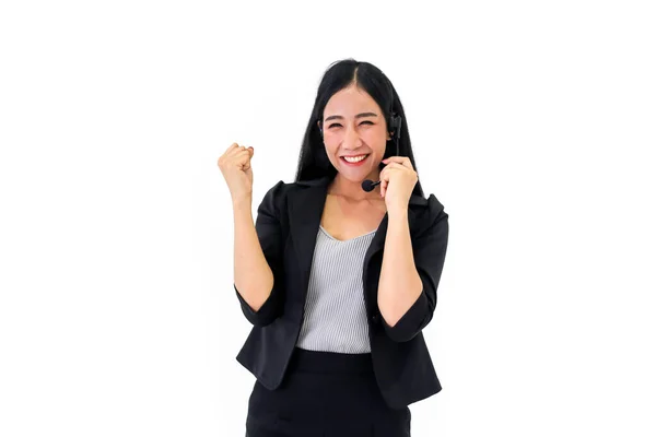 Feliz Sorrindo Asiático Mulher Call Center Business Fundo Branco Office — Fotografia de Stock