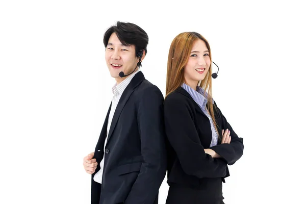 Pareja Asia Call Center Workers Confident Business Headset Atención Cliente — Foto de Stock