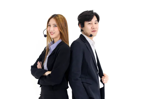 Couple Asia Call Center Workers Confident Business Headset Customer Support — Stock Photo, Image