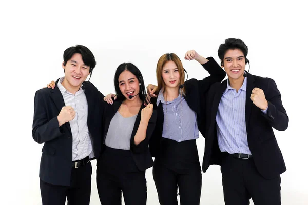 Asia Group Call Center Workers Confident Business Team Headset Standing — Stock Photo, Image