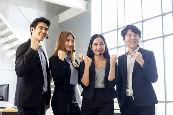 Asia Group Call Center Workers Confident Business Team Headset Office — 스톡 사진