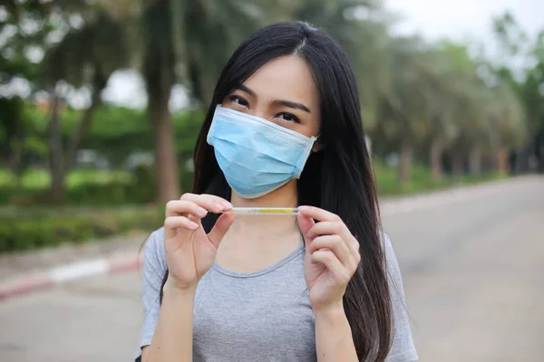 Asian Woman Wearing Face Protection Holding Thermometer Temperature Measurement Virus — Stock Photo, Image