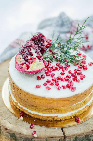 Ein Schöner Schokoladenkuchen Mit Käsecreme Baiser Schokolade Und Frischem Granatapfel — Stockfoto