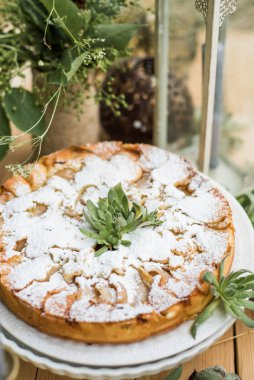 Mint decorated apple pie. Picnic in the style of boho.