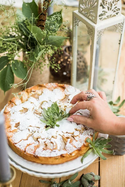 Mint decorated apple pie. Picnic in the style of boho. — Stock Photo, Image