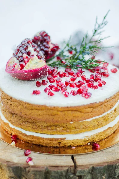 Handgemachter brauner Keks-Kuchen mit Granat und Sahne — Stockfoto