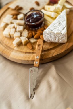 Peynir tabağı fındıklı, Top View. Çeşit çeşit peynirler Camembert, Brie, Parmesan peyniri, keçi