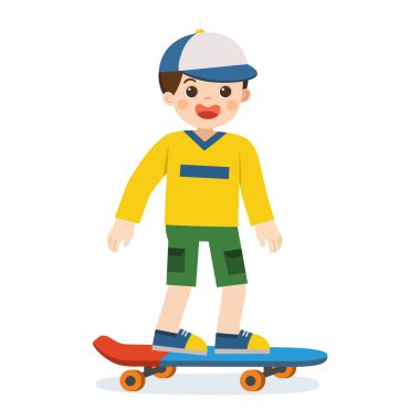 Mutlu gülümseyen çocuk kaykayla kayıyor..