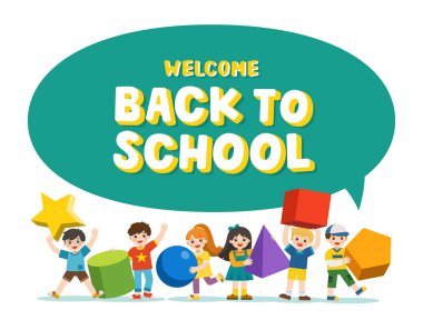 Okula hoş geldin. Basit geometri formları olan çocuklar.