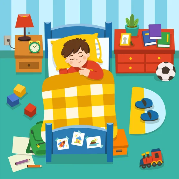 Imádnivaló kisfiú alszik az ágyban, jó éjt és szép álmokat.. — Stock Vector