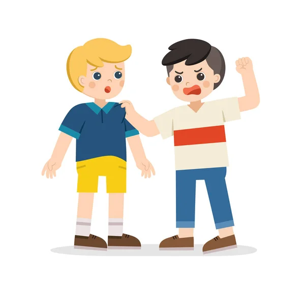 Rapaz furioso a bater-lhe amigo. Problema do bullying físico na escola . —  Vetores de Stock