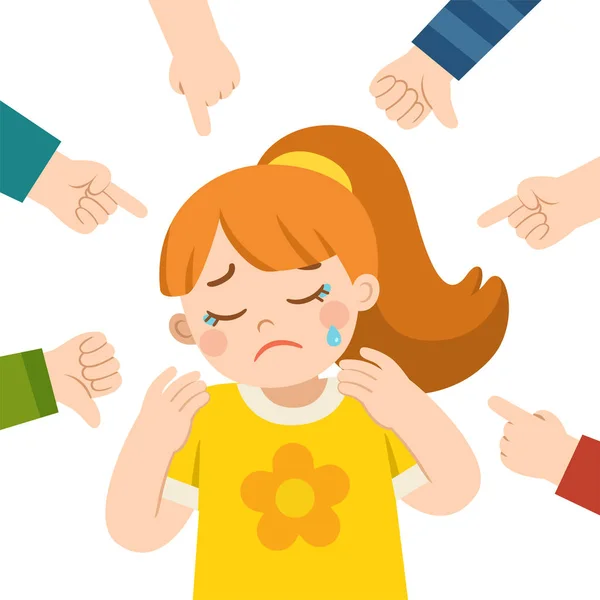 Chica llorando y otros niños señalándola y riendo. Acoso escolar . — Vector de stock