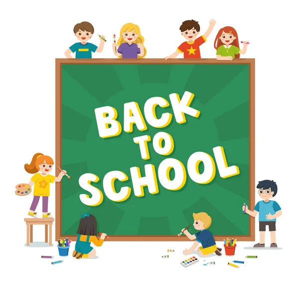 Kembali ke sekolah. Happy school kids holding blackboard with back to school writing . - Stok Vektor