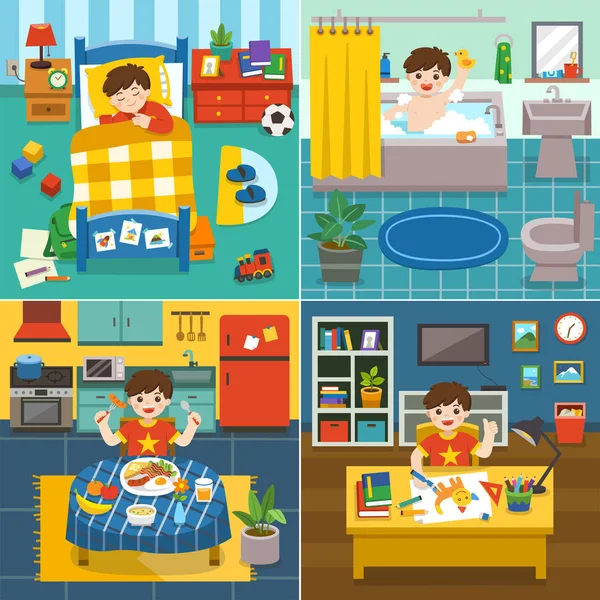 La rutina diaria de Little Boy durmiendo, tomando un baño, desayunando, dibujando el cuadro . — Vector de stock