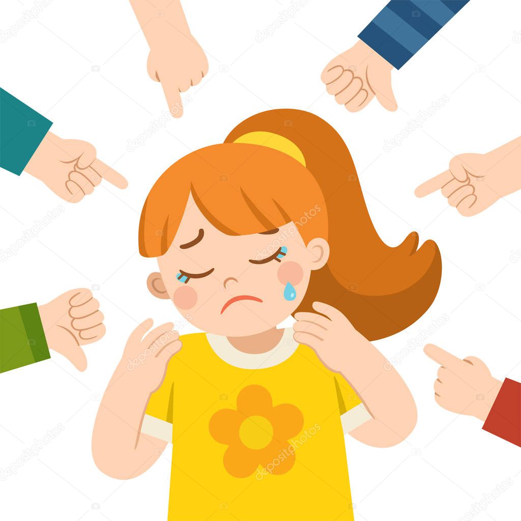 Girl crying and other kids pointing at her and laughing. Bullying at school.