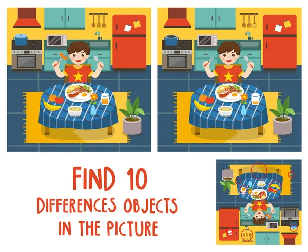 Sötnos, ät frukost i köket. Hitta 10 skillnader objekt på bilden. — Stock vektor