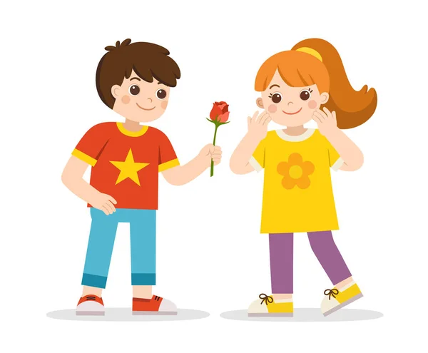 Un chico dándole una rosa a una chica. Pareja proponer con flor. Pareja en cita romántica . — Vector de stock