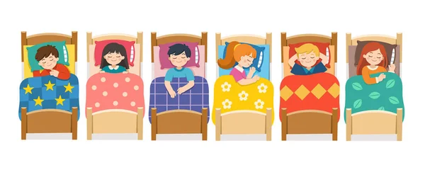 Niños y niñas durmiendo en la cama en varias poses. Hora de dormir y descanso . — Vector de stock