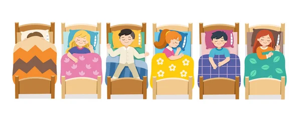 Boys and girls sleeping in bed in various poses. Bedtime and rest. — Stock Vector