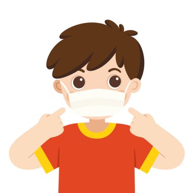 Yakışıklı bir çocuk tıbbi maske takıyor. Hijyen maskesi. Virüs koruması.