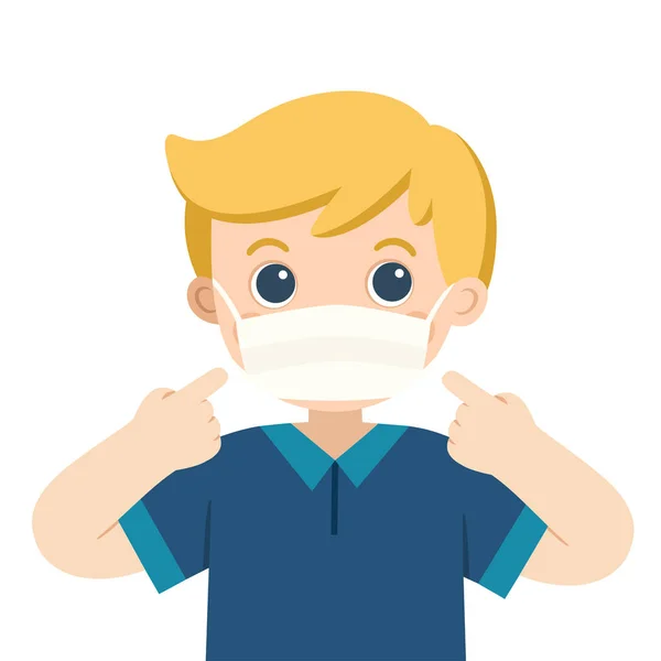 Een leuke jongen draagt een medisch masker. Hygiënemasker. Virusbescherming. — Stockvector