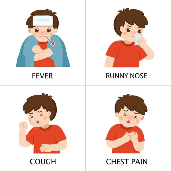 Ένα αγόρι αρρωσταίνει. Έχει υψηλή θερμοκρασία. Το αγόρι βήχει και υποφέρει από πόνο στο στήθος. Υγεία και ιατρική. — Διανυσματικό Αρχείο